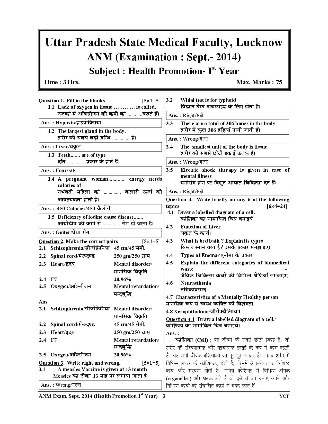ANM Health Promotion Previous Year Solved Papers 2025-26 Hindi Medium