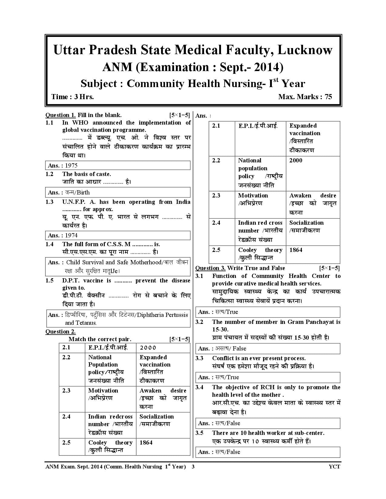 ANM Community Health Nursing 10 Year Solved Papers Hindi Medium 2025