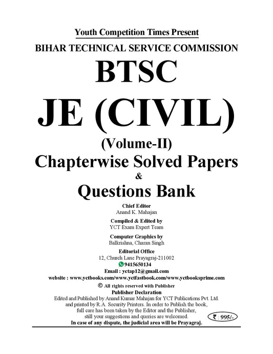 BTSC JE - Civil Engineering (Junior Engineer) Exam Fighter (Vol. 2) Chapterwise Objective Questions Bank & Solved Papers (25153 O.Q.) - 2026-27 (English Medium)